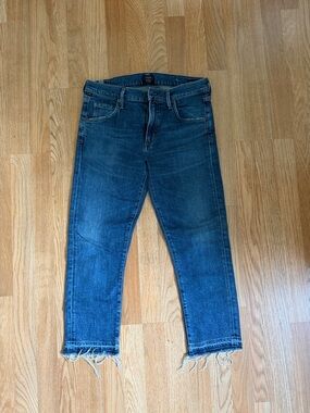 Citizens Of Humanity Blue Cropped Slim Straight Jeans with Frayed Hem
